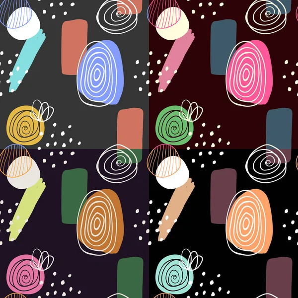 Dijital olarak sadece güzel İskandinav tarzı el çekilmiş seamless modeli Özet. 4 duvar kağıtları kümesi. Koyu arka plan üzerinde renkli süsler. Desen kumaş ve tekstil tasarımları için.