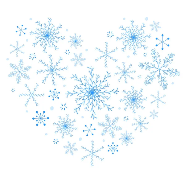 Vektör kartpostal tasarımı. Elle çizilmiş doodle kar öğeleri. Beyaz arka plan üzerinde izole mavi kar taneleri güzel kalp şekli yapılır. Büyüleyici kış poster.