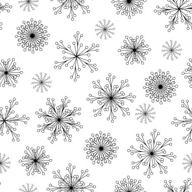Güzel vektör seamless modeli ile elle çizilmiş doodle beyaz arka plan üzerinde kar taneleri. Noel tasarım kumaş ve yüzey. Soyut kış çiçekleri. Kar taneleri kırpma maskesi altında kaplıdır.