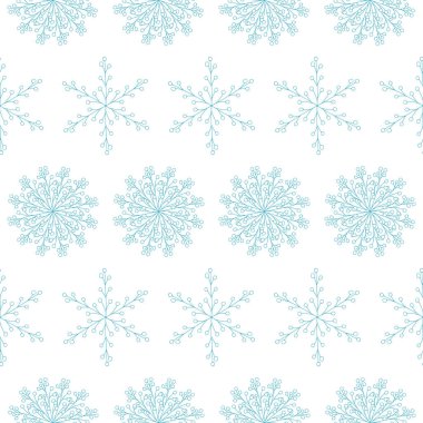 Şaşırtıcı vektör seamless modeli mavi el ile kar taneleri beyaz arka plan üzerinde çizilmiş. Büyüleyici doodle illüstrasyon. Noel tasarım kumaş ve yüzey. Güzel soyut kış çiçekleri.