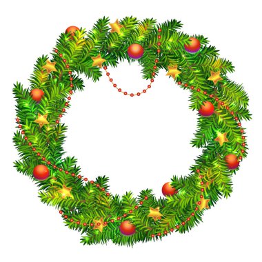 Güzel vektör Noel çelenk yeşil çam ağacı dalları kırmızı topları ve boncuk, altın başarısız yıldızlar ve beyaz arka plan üzerinde izole parlak parıldıyor ile yapılmış. Geleneksel Noel çelenk tasarım.