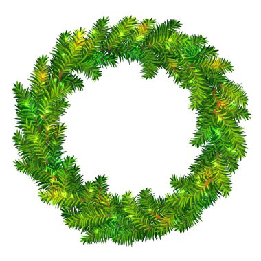 Güzel vektör Noel çelenk yeşil çam ağacı dalları ile parlak sparkles beyaz arka plan üzerinde izole yaptı. Tatil tasarımları, afiş, broşür, davetiye için geleneksel Noel çelenk.