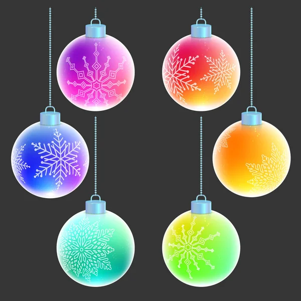 Set Vettoriale Sei Palline Colorate Natale Arcobaleno Con Bianche Decorazioni — Vettoriale Stock