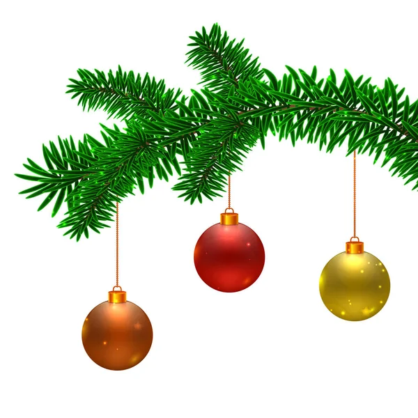 ベクトルの図 美しいリアルなクリスマスのおもちゃ白い背景に分離されました モミの木と赤 黄色とオレンジ色で つのカラフルなクリスマス ボールの枝 — ストックベクタ