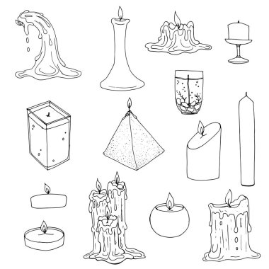 Büyük vektör yaratıcı elle çizilmiş kokulu ve balmumu ve jel mum erimiş. Beyaz arka plan üzerinde izole siyah taslak öğeleri.