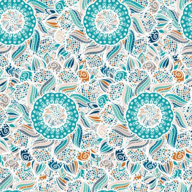 Soyut sorunsuz çiçek vektör desen renkli mandalalar yaptı. Mavi etnik köken. Doku tasarım yüzeyi, kumaş, Tekstil için. Çiçekli yinelenen duvar kağıdı.