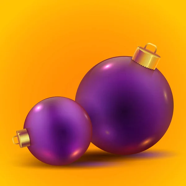 Palline Natale Brillanti Vettore Realistico Viola Con Ombre Sfondo Giallo — Vettoriale Stock