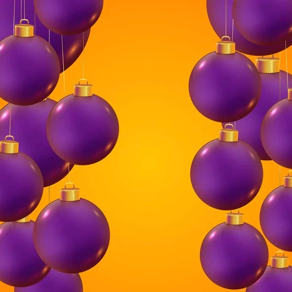 トレンディな黄色の背景に紫の現実的なベクトル クリスマス ボール 冬の休日のパーティのバナーです 新年のチラシ デザイン クリスマス テンプレート 美しい冬の装飾品 — ストックベクタ