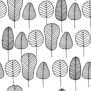 Beyaz arka planda siyah renksiz iskelet yaprakları ile vektör doodle seamless modeli. El illüstrasyon soyut ağaçları ile çekilmiş. Doku tasarım yüzeyleri, kumaş ve tekstil.