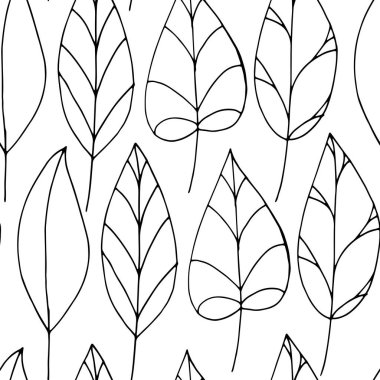 Beyaz arka planda siyah renksiz yaprakları ile vektör doodle seamless modeli. Yinelenen duvar kağıdı. El illüstrasyon soyut yaprakları ile çekilmiş. Doku tasarım yüzeyi, kumaş ve tekstil.