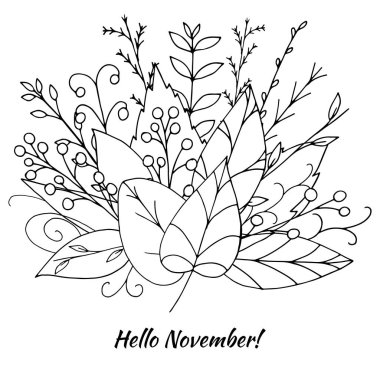 Siyah yapılan vektör sonbahar buket beyaz arka plan üzerinde izole yaprakları doodle. Güzel çiçek illüstrasyon soyut bitki ve meyveler ile. El mevsimlik yeşil tasarım çekilmiş. Botanik çelenk.
