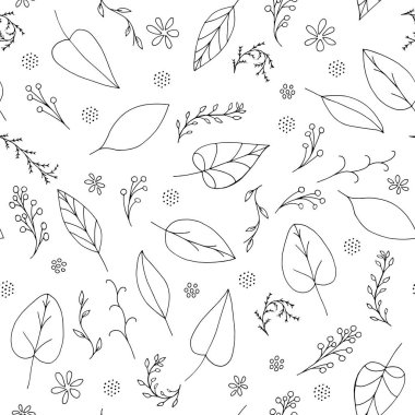 Meyveler, çiçekler beyaz arka planda siyah vektör doodle seamless modeli soyut var. Yinelenen duvar kağıdı. El çizimi bahar bitkiler çekilmiş. Tasarım yüzeyi için doku Tekstil.