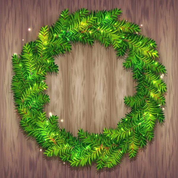 美丽的矢量圣诞花圈由绿色的冷杉树枝与闪亮的火花在木材背景 传统的圣诞花环 用于节日设计 请柬等 — 图库矢量图片