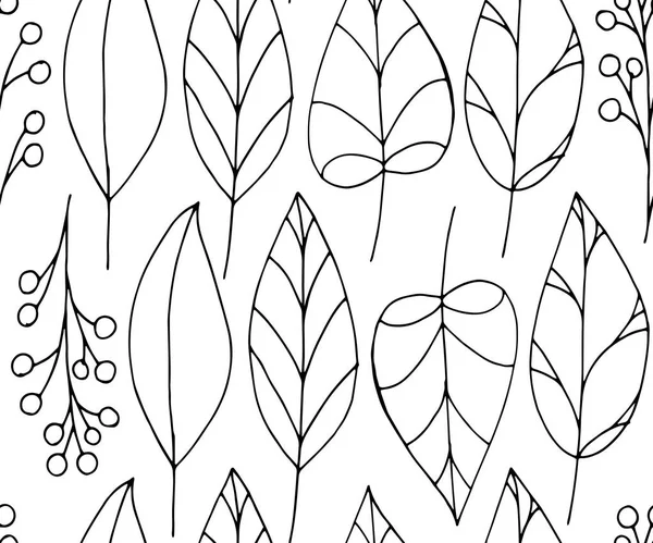 Beyaz arka planda siyah renksiz yaprakları ile vektör doodle seamless modeli. Elle çizilmiş kroki illüstrasyon soyut yaprakları ve meyveleri ile. Doku tasarım yüzeyleri, kumaş ve tekstil.