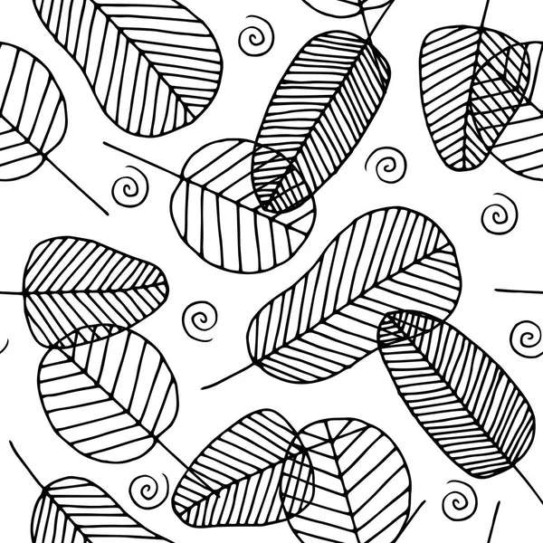 Vector Doodle Seamless Pattern Black Colorless Skeleton Leaves White Background — Stock Vector