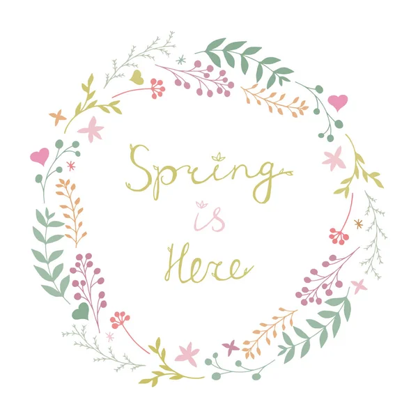 Beyaz arka plan üzerinde izole yumuşak renklerde güzel vektör çiçek bahar çelenk. Bahar Is Here yazı. Botanik yuvarlak garland. Çiçek daire çerçeve. Şirin soyut elle çizilmiş çiçekler ve yapraklar.