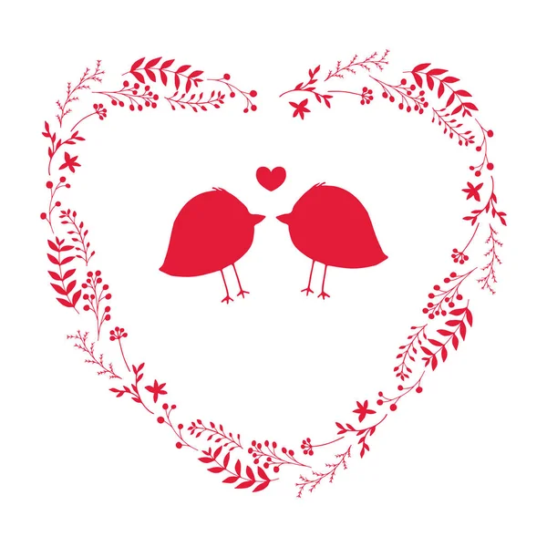 Gyönyörű Romantikus Vektoros Illusztráció Pár Madarak Szeretet Virág Koszorú Valentin — Stock Vector