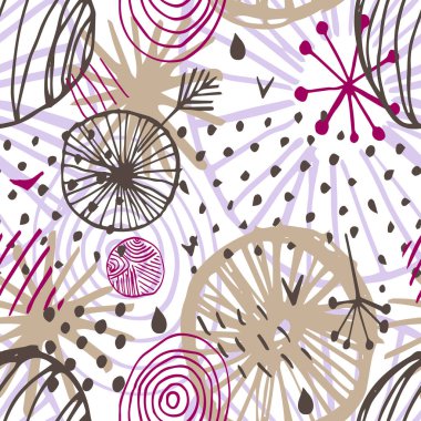 Beyaz arka plan üzerinde mor, pembe, kahverengi renklerde basit İskandinav tarzı güzel vektör seamless modeli. Soyut el mürekkep şekillerini çekilmiş. Yinelenen duvar kağıdı. Modern arka plan tasarım.