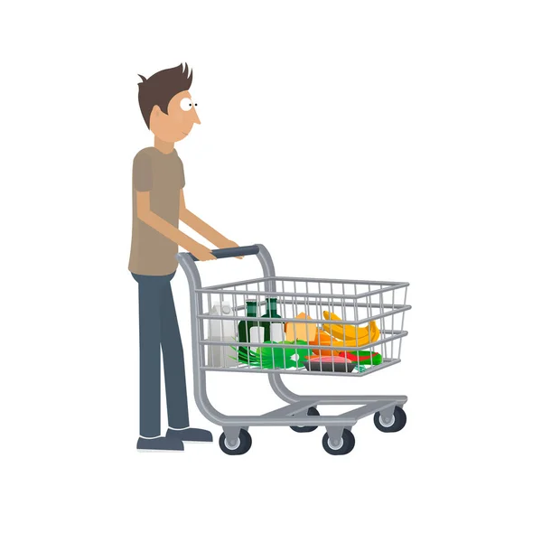 Shopping Cart Food Man Shopping Vector Illustration — Stock Vector