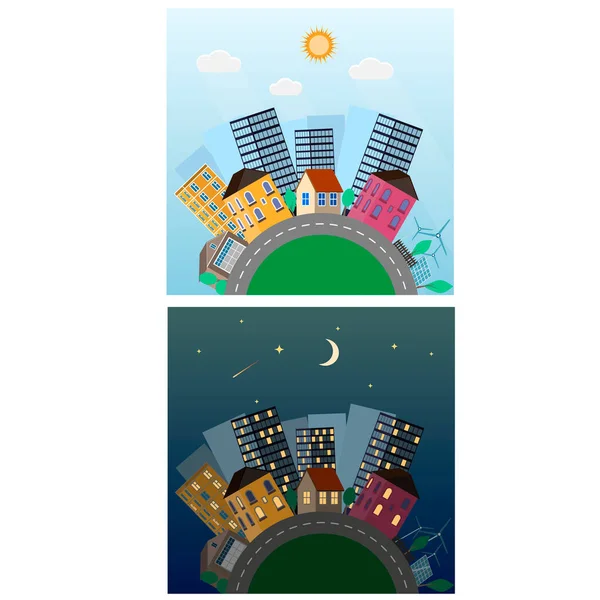 Noche Día Ciudad Paisaje Urbano Ilustración Vectorial — Archivo Imágenes Vectoriales