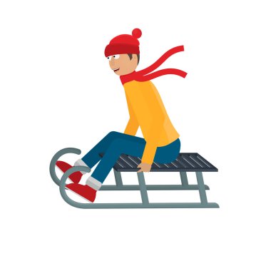 Kızaklı çocuklar. Bir adam kızağa biniyor, vektör çizimi.