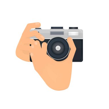 Elde kamera var. Fotoğraf çek, vektör illüstrasyonu. Fotoğraf makinesi.