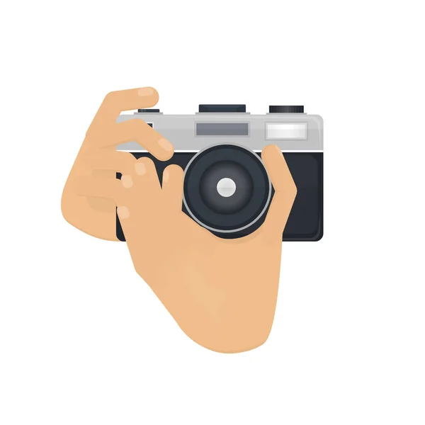 Elde kamera var. Fotoğraf çek, vektör illüstrasyonu. Fotoğraf makinesi.