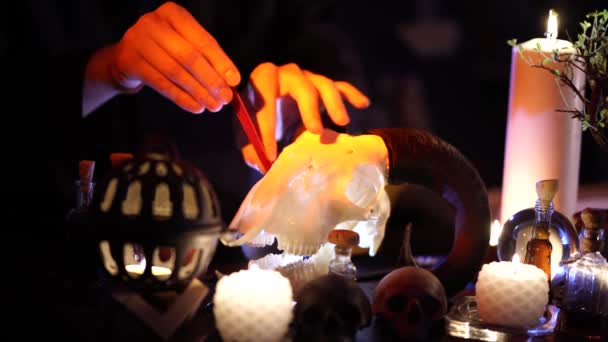 Eine magische Sitzung im Schein von Kerzenlicht in einem Raum mit menschlichen Totenköpfen — Stockvideo