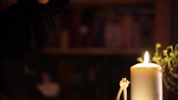 Session of black magic with the skull of a goat by candlelight — Stock Video