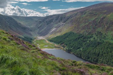  Wicklow Dağları, İrlanda 'daki Glendalough vadisindeki dağın tepesindeki Yukarı Göl patikası. Yaz günü.