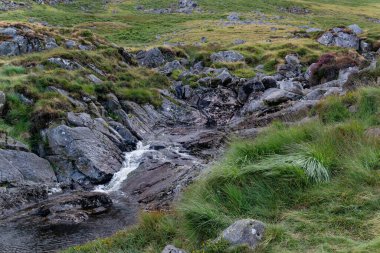 Wicklow Dağları, İrlanda 'daki Glendalough vadisindeki dağın tepesindeki Yukarı Göl patikası. Yaz günü.