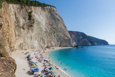 Yunanistan 'ın Lefkada adasındaki güzel Porto Katsiki plajı. İyon Adaları. Yaz Tatili.
