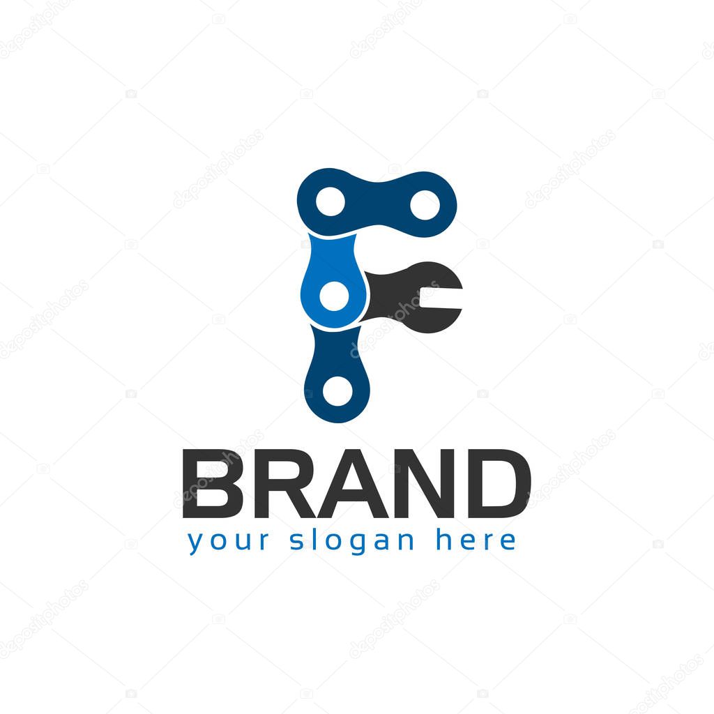Letter F, Logo Letter F with chain and wrench. logo formed by chain and wrench