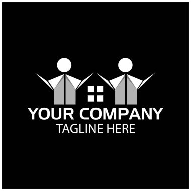 Kağıt kişi logosu, düz tasarım. siyah bacground üzerinde insanlar ve ev origami.