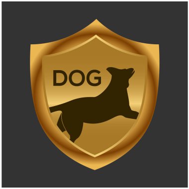 Köpek ve altın kalkan. Stok simgesi. Vektör İllüstrasyonu.