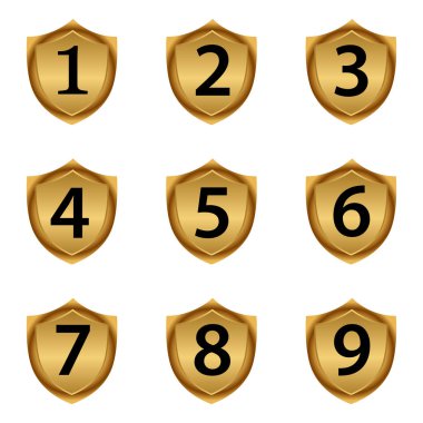 Sayı ve altın kalkan. Stok simgesi. Vektör İllüstrasyonu.