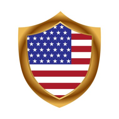 Amerikan bayrağı ve altın kalkan. Stok simgesi. Vektör İllüstrasyonu.