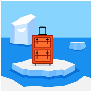 Antarktika'ya git. düz tasarım. seyahat çantası ve kar tepeleri.