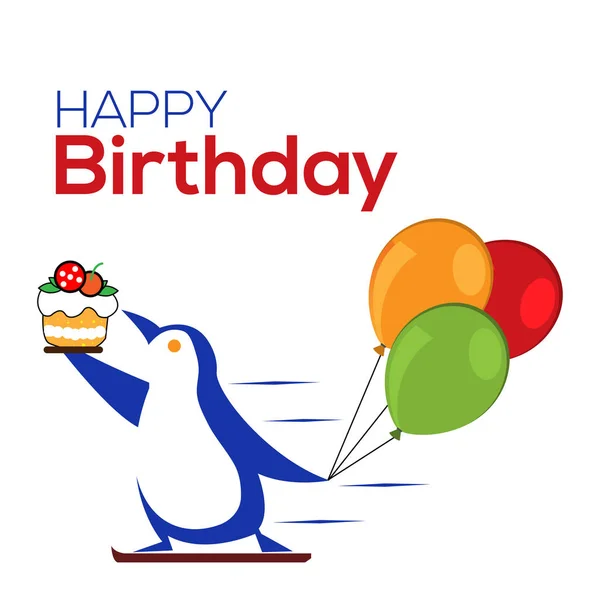 Joyeux Anniversaire Conception Vectorielle Avec Pingouins Apporter Gâteau Ballons — Image vectorielle