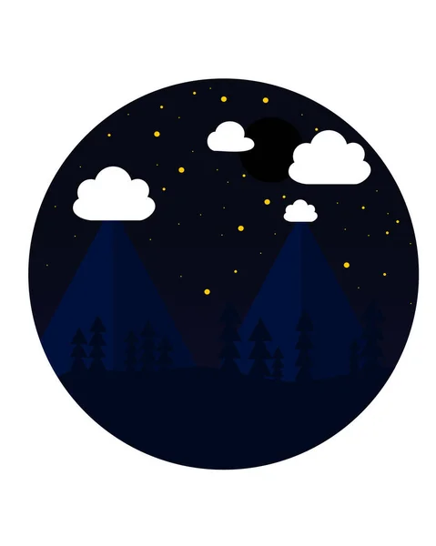 Ilustração Design Plano Vistas Montanhas Céu Noturno — Vetor de Stock