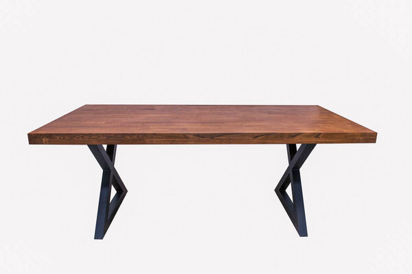 loft-style table in wenge oak color with black metal legs on white background 