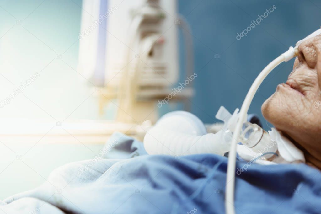Patient asian elder women 80s do tracheostomy use ventilator for respiration breathing help on patient bed in intensive care unit (ICU.) room at hospital.