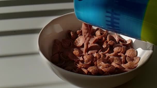 Zeitlupe Von Gießen Sie Die Kakaomilch Eine Schokolade Cornflakes Schüssel — Stockvideo