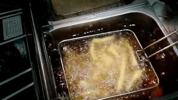 Slow Motion French Fries Chips Potato Deep Frying Heat Oil — Stock Video