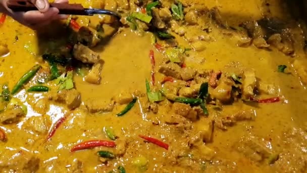 Slow motion of Hot spicy curry meat with Thai chili and herb and coconut milk for sale at Thai street food market or restaurant in Thailand — Stock Footage Slow Motion Hot Spicy Curry Meat Thai Chili Herb Coconut Stock Footage