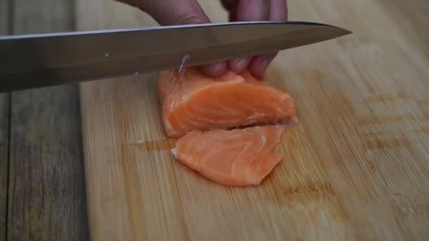 Asian Chef Slice Salmon Knife Boad Japanese Food Delicacy Consisting — Stock Video