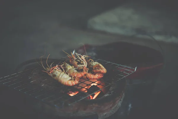 Grilled Shrimp Giant Freshwater Prawn Grilling Charcoal Sale Thai Street — Stock Photo, Image