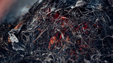 Yangın ve yanan kuru ot yapmak bir alevle tarım ve çevre için tehlike duman ve yangın felâketi neden