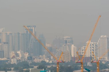 Bangkok, Tayland - 30 Ocak 2019: Duman Pm2.5 toz ile Cityscape Bangkok şehir Bangkok şehir kötü hava hava kirliliği neden yoksul görünürlük ve sağlık tehlikeleri ile standart değerini aşan