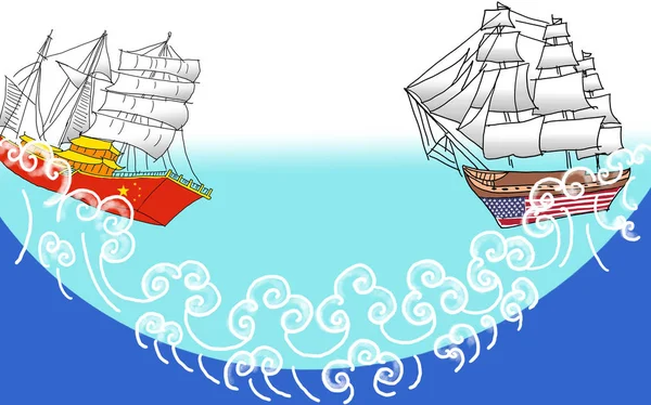 Croquis de la guerre commerciale Chine vs Amérique avec barque — Photo